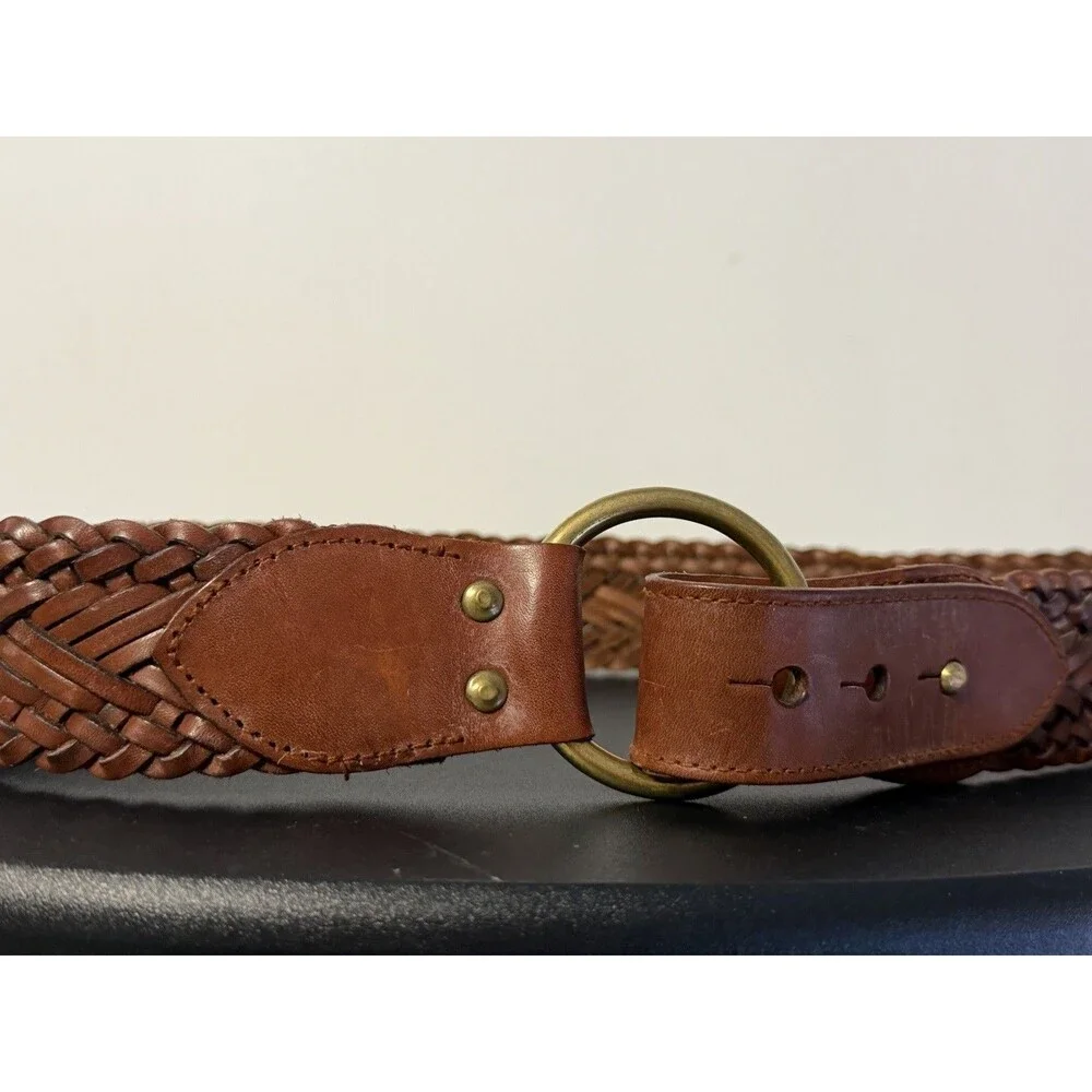 Fossil Brown Braided Leather Belt Brass Ring Buckle Size L Genuine Leather